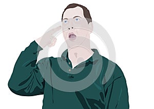 Man pointing finger at head