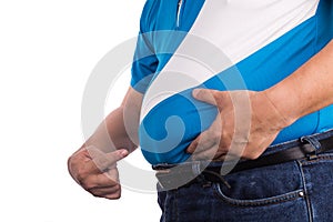 Man pointing own unhealthy big belly with visceral subcutaneous