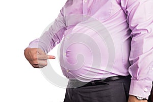 Man pointing own unhealthy big belly with visceral subcutaneous