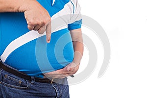 Man pointing own unhealthy big belly with visceral subcutaneous photo