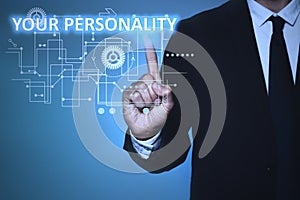 Man pointing at phrase YOUR PERSONALITY on virtual screen against blue background, closeup