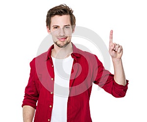 Man pointing showing copy space isolated on white background