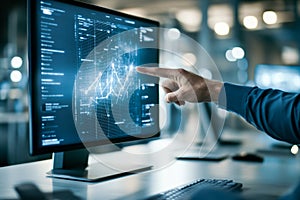 Man pointing to a computer screen displaying graphics