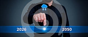 Man pointing to future cloud computing, data transfer, and digital transformation