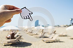 Man pointing to La Barceloneta beach in Barcelona photo