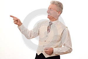 man pointing upwards on white