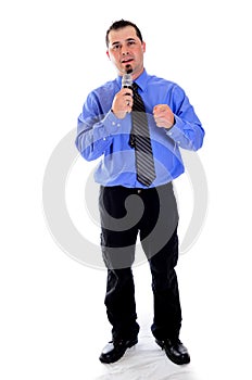 Man pointing at you speaking into microphone