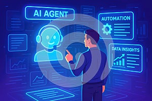Man interacting with AI agent interface showing automation and data insights artificial intelligence