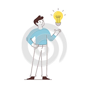Man points a light bulb. Isolated on white background. New, creative or innovation idea. Vector flat illustration