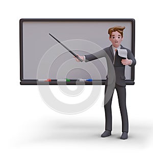 Man points to empty blackboard and reads text from notebook. Public speaking, presentation