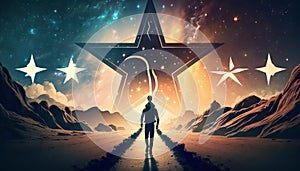 Man points to the star and leads his friends to follow him on his way forward, success journey, leadership. Generative ai