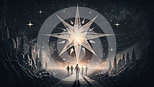 Man points to the star and leads his friends to follow him on his way forward, success journey, leadership. Generative ai