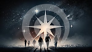 Man points to the star and leads his friends to follow him on his way forward, success journey, leadership. Generative ai