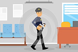 Man Police Officer or Policeman with Truncheon Holding Coffee Cup Having Lunch Break Vector Illustratio