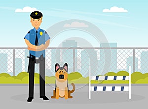 Man Police Officer or Policeman with Truncheon and Tracker Dog Vector Illustration