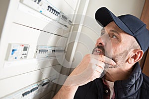 man pondering fuses in circuit breaker cabinet