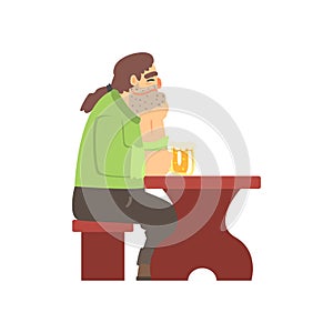 Man With Ponytail Drinking Alone At The Table, Beer Bar And Criminal Looking Muscly Men Having Good Time Illustration