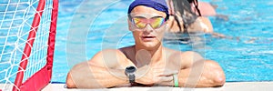 Man in the pool, water polo player, close-up