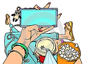 man with popcorn at home watching online movie theater. Home online movie theater, an online TV streaming video service