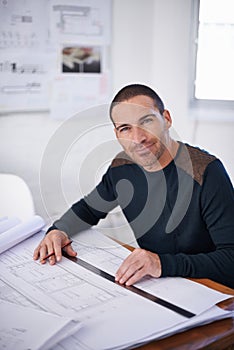 Man, portrait and architecture floor plan or engineering design with blueprint sketch, building or project planning