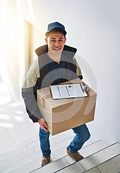 Man, portrait and box for cardboard delivery, distribution and cargo shipping or online shopping. Male person, stairs
