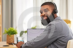 Man, portrait and call center laptop for consultant communication, technical support and work from home agency. Face of