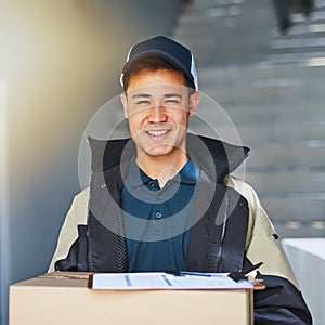 Man, portrait and clipboard for box delivery, distribution and cargo shipping or online shopping. Male person, paper and