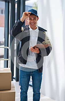 Man, portrait and clipboard for package delivery, distribution and cargo shipping or online shopping. Male person, paper