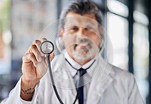 Man, portrait and doctor with stethoscope for cardiology exam, healthcare service and support or check. Heart, listening