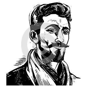 Man portrait in hand drawing or engraving style. 60s styled beautiful comic book character, in black and white
