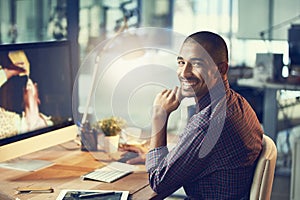 Man, portrait and night at office with smile, software developer with programming deadline and computer at desk. IT