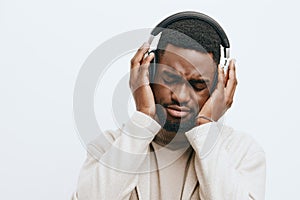 man portrait smiling dj trendy black guy american background music fashion african headphones