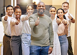 Man, portrait and team with thumbs up in diversity for affirmative action, good job or well done at office. Creative