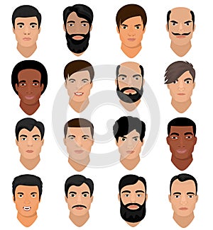 Man portrait vector male character face of boy with hairstyle and cartoon manlike person with various skin tone and photo
