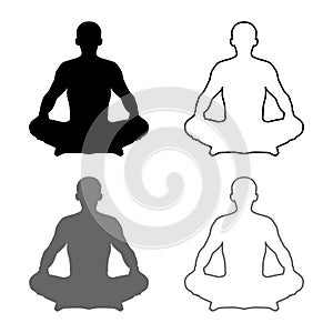 Man in pose lotus Yoga pose Meditation position silhouette Asana icon set grey black color illustration outline flat style simple