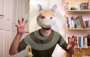 A man poses like an animal while wearing a fox mask