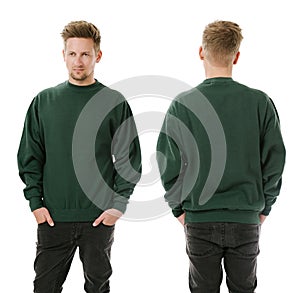 Man posing with blank green sweatshirt