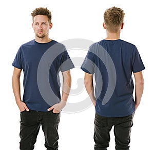 Man posing with blank navy blue shirt