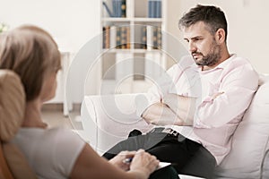 Man with post traumatic stress during psychotherapy