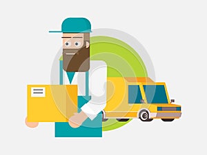 Man postal delivery courier man in front of cargo van delivering package