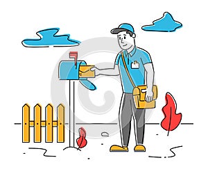 Man Postman with Bag on Shoulder Put Letter in Mail Box on Countryside Background. Mailman Character Post Office