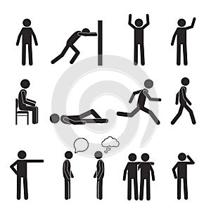 Man posture pictogram icons set. Human body action
