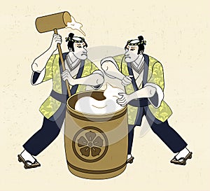 Man pounding mochi in Ukiyo-e style