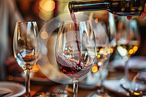 Man is pouring red or white wine in social event like weddings business gathering or romantic dinner