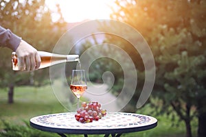 Man pouring rose wine to the glass in autumn vineyard on marble table