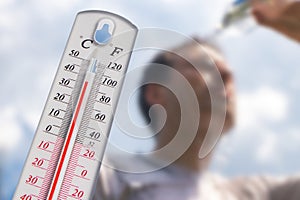 Man pouring water on his head in extreme heat, Thermometer in summer day shows or indicate high temperature