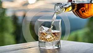Man pouring whiskey into a glass outdoors