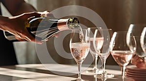 A man pours pink champagne into elegant glass goblets. Restaurant, holiday, party. AI generated