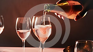 A man pours pink champagne into elegant glass goblets. Restaurant, holiday, party. AI generated