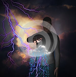 Man with power over raincloud
